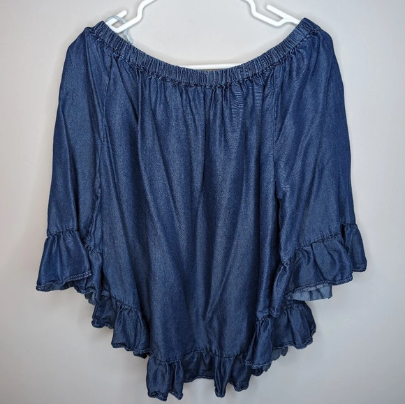 Jane & Delancey Blue Denim Style Off The Shoulder Top Ruffle Sleeve Women Medium - Picture 2 of 9